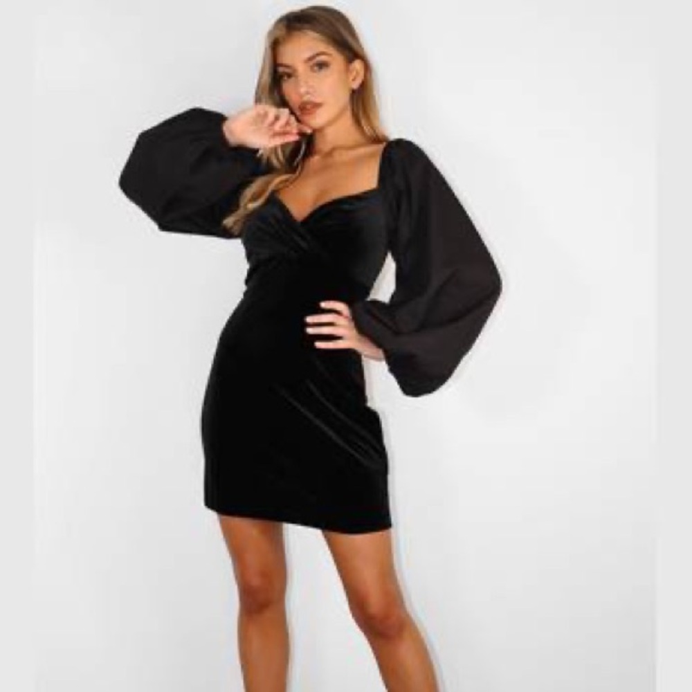 Missguided Black Velvet Wrap Balloon Sleeve Mini Dress